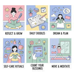 A collage of selfcare and mental health routine illustrations journaling reflection gratitude and yoga practice