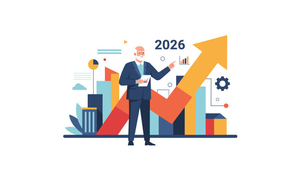 Senior executive shows 2026 growth forecast business strategy and financial success illustration