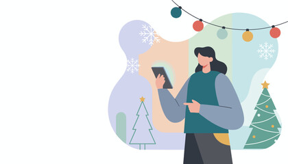 Woman shopping online or connecting digitally during the Christmas and winter holiday season