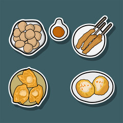 Fototapeta premium Indonesian Street Food Stickers Meatballs Satay and Fried Food