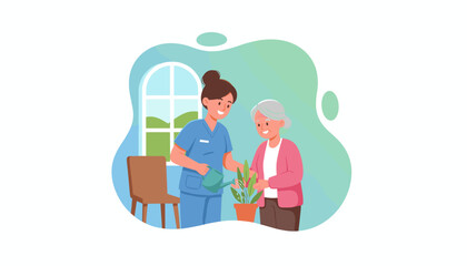 Caregiver assists happy senior woman watering a houseplant indoors