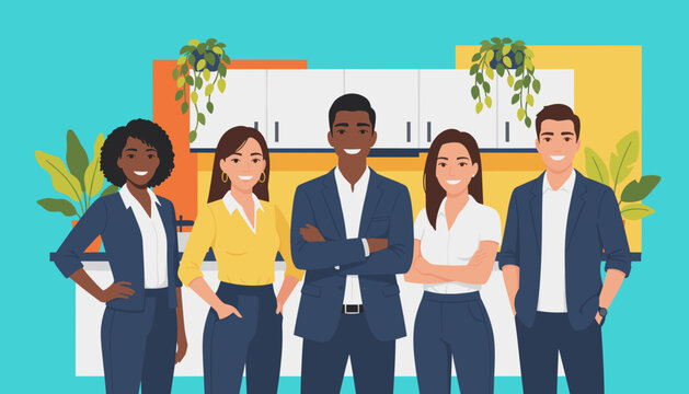 Group of diverse smiling business professionals standing together in a modern office environment