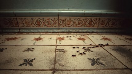 Ants forming a steady trail along old patterned floor tiles and skirting, signaling a domestic pest infestation and unhygienic intrusion in a home living space