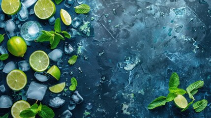 Overhead mojito cocktail border design of fresh green limes, mint leaves, and ice cubes scattered across a dark, textured blue-black, wet surface