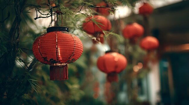 Red chinese lanterns hanging from a tree branch, glowing warmly against a soft bokeh night background, celebrating traditional asian festivals, joy and good luck