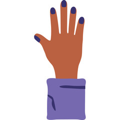 Illustration of a brown skin hand with dark blue fingernails raised upwards wearing a purple long sleeve shirt with a transparent background
