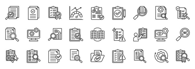 audit icon set collection in outline style. icon pack contain check, verify, review, inspect, assess, report, evaluate, comply, observe, monitor icon