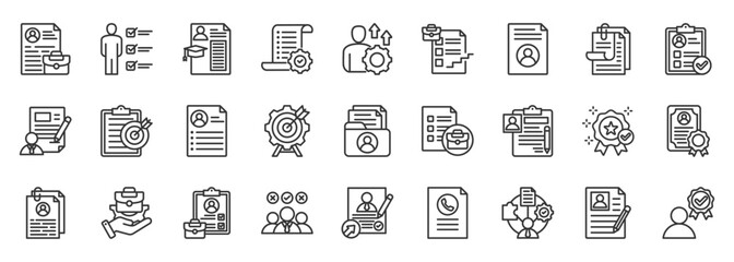curriculum vitae icon set collection in outline style. icon pack contain profile, resume, career, skill, experience, education, summary, contact, portfolio, goal icon