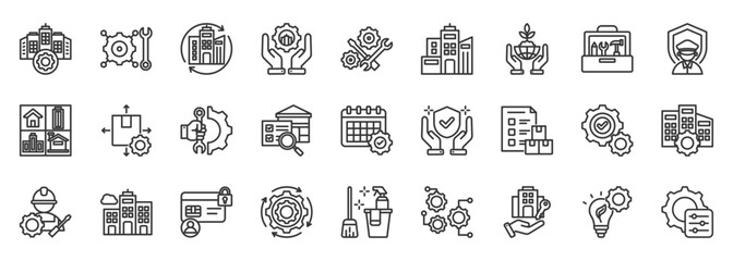 facility management icon set collection in outline style. icon pack contain building, maintenance, asset, service, operation, security, cleaning, utility, space, energy icon