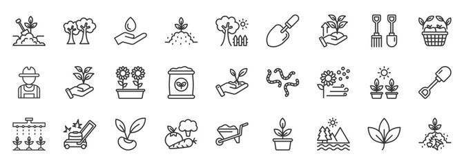 Obraz premium gardening icon set collection in outline style. icon pack contain plant, soil, water, seed, grow, flower, leaf, vegetable, lawn mower, tree icon