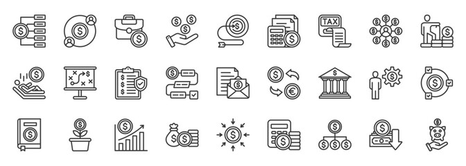 financial planning icon set collection in outline style. icon pack contain budget, savings, investment, income, salary, currency exchange, liability, cashflow, fundraise, strategy icon © Uniconlabs