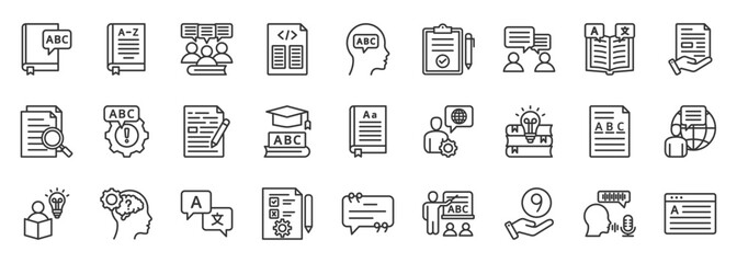 grammar icon set collection in outline style. icon pack contain vocabulary, foreign language, morphology, dialect, syntax rules, voice, language, lesson, article usage, writing icon