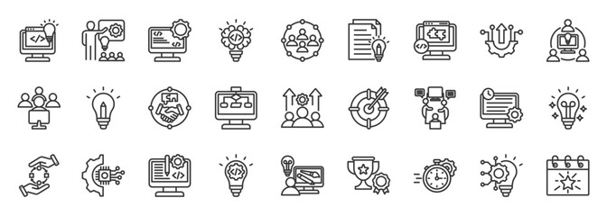 hackaton icon set collection in outline style. icon pack contain code, team, idea, innovate, build, brief, create, pitch, timing, algorithm icon