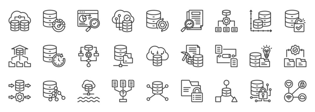 big data icon set collection in outline style. icon pack contain velocity, volume, analytics, storage, variety, analysis, encryption, data, realtime, algorithm icon