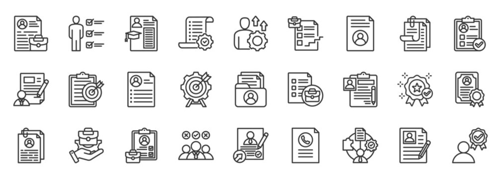 curriculum vitae icon set collection in outline style. icon pack contain profile, resume, career, skill, experience, education, summary, contact, portfolio, goal icon