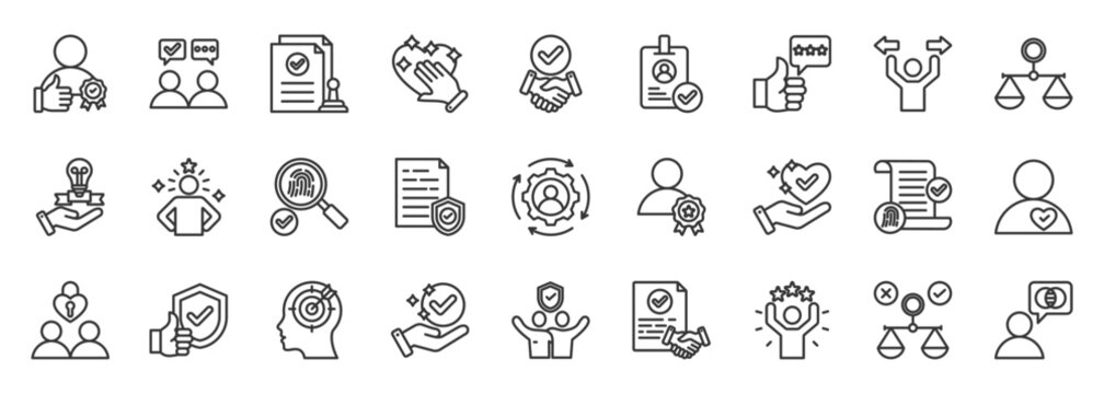 credibility icon set collection in outline style. icon pack contain trust, honesty, reliable, integrity, repute, proof, valid, authentic, verify, corroborate icon