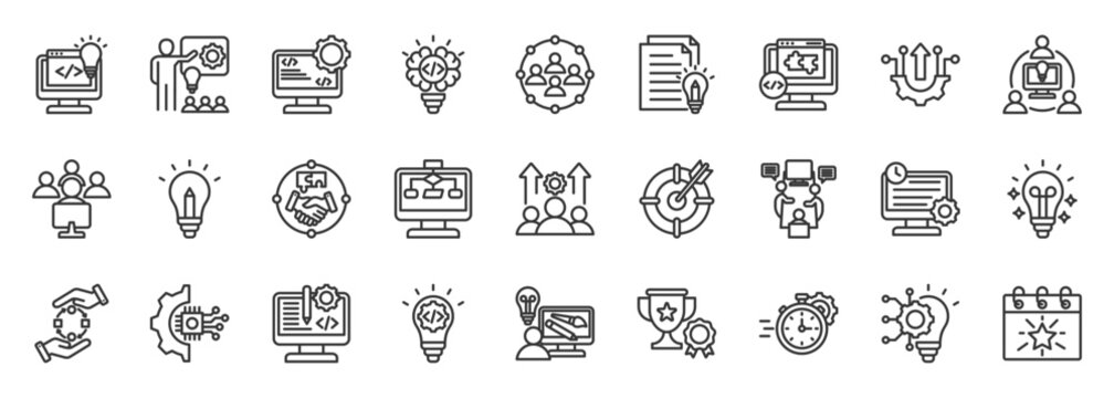 hackaton icon set collection in outline style. icon pack contain code, team, idea, innovate, build, brief, create, pitch, timing, algorithm icon