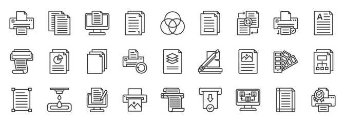 print icon set collection in outline style. icon pack contain inkjet, paper, copy, output, queue, duplex, page, format, layout, template icon