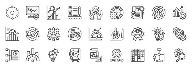 six sigma icon set collection in outline style. icon pack contain quality, process, improvement, efficiency, analysis, defect, control, control phase, mapping, performance icon