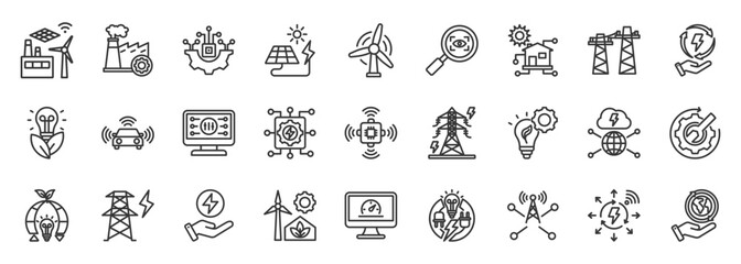 smart grid icon set collection in outline style. icon pack contain energy, grid, network, power, electric, flow, factories, monitoring, technology, wind turbine icon