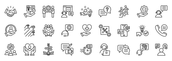 support icon set collection in outline style. icon pack contain help, assist, service, care, guide, advice, aid, solve, contact, support icon