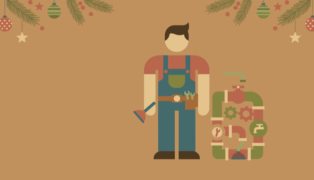Holiday plumbing maintenance illustration Plumber ready for Christmas season repairs