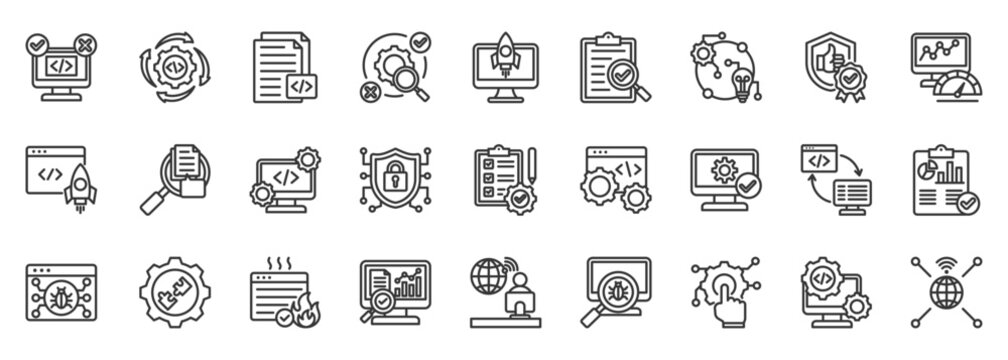 software testing icon set collection in outline style. icon pack contain testing, debug, quality, verify, script, deployment, coverage, implementation, automate, user icon