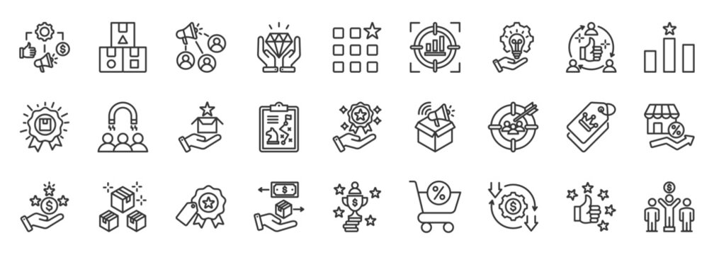 usp icon set collection in outline style. icon pack contain unique, value, focus, benefit, advantage, difference, quality, marketing, target audience, success icon