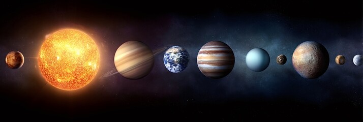 Solar system planets align in deep space, featuring the sun, mercury, venus, earth, mars, jupiter, saturn, uranus, neptune, and dwarf planets, illustrating our vast universe