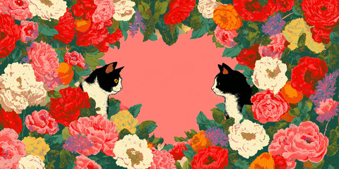Two black and white cats sit facing each other amidst a vibrant floral arrangement, creating a heart shape with colorful roses for Valentine's Day.