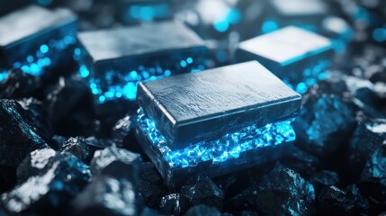 a captivating display showcasing innovative energy blocks placed atop raw coal, highlighting the fusion of tradition with futuristic technology