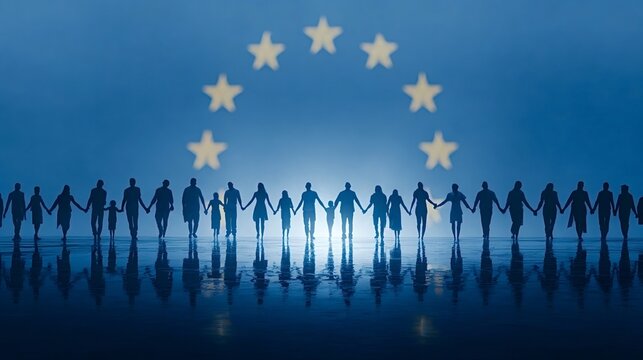 Diverse people of all ages stand in silhouette, a unified line holding hands against a glowing european union flag background, representing community, cooperation, and a shared future