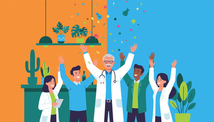 Diverse team of doctors and professionals celebrate success victory and financial achievement with confetti