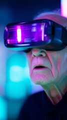 Elderly man wearing virtual reality headset, immersed in digital experience, surrounded by vibrant neon lights, showcasing the intersection of technology and aging in modern entertainment