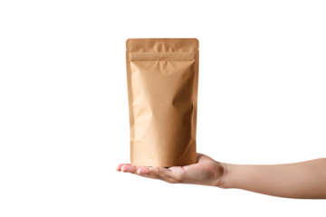 Hand holding a brown paper pouch isolated on transparent background