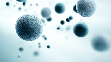 Abstract illustration of microscopic cells floating in a soft blue background, showcasing the intricate details and textures of cellular structures in a scientific context