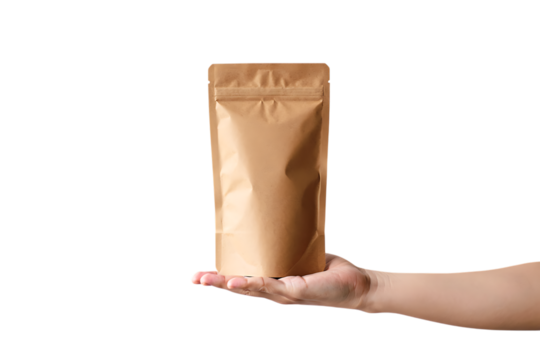 Hand holding a brown paper pouch isolated on transparent background
