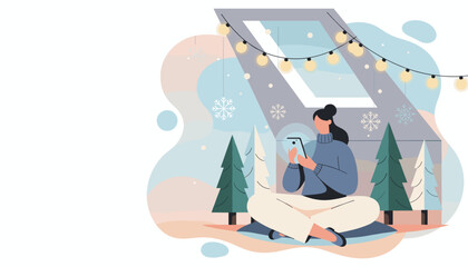 Woman uses phone in a cozy attic during winter surrounded by holiday decorations and trees