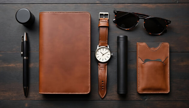 Flat lay composition of leather accessories on dark wooden table. Watch sunglasses journal pen cardholder and thermo bottle lay on wood surface. Stylish still life for lifestyle blog or fashion brand.