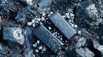 two sleek gadgets resting amidst a rugged terrain of minerals and dark stones, creating a stark contrast between technology and nature