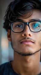 Extremely close-up portrait of a thoughtful young Indian student wearing black-framed glasses, highlighting his eyes, facial hair, and wavy dark hair with natural lighting