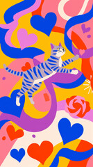Fototapeta premium A playful striped cat leaps among colorful hearts and swirls. The background features vibrant pinks, blues, and yellows, creating a festive Valentine's theme.