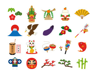 お正月の縁起物シンプルなベクターイラストセット1