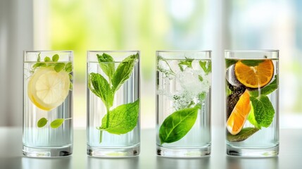refreshing infused water glasses with citrus fruits and aromatic herbs, natural hydration and wellness drink variation ideas, summer refreshment