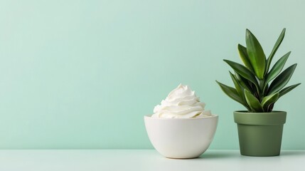 minimalist still life featuring whipped cream in a white bowl alongside a potted plant against a light green background, studio setup