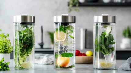 three clear glass water bottles filled with fresh ingredients for refreshing beverages in a modern kitchen setting captured with detail