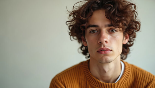 Young man with curly brown hair looks directly at camera. He has serious expression wearing orange sweater on white background. Portrait of male model with thoughtful face.
