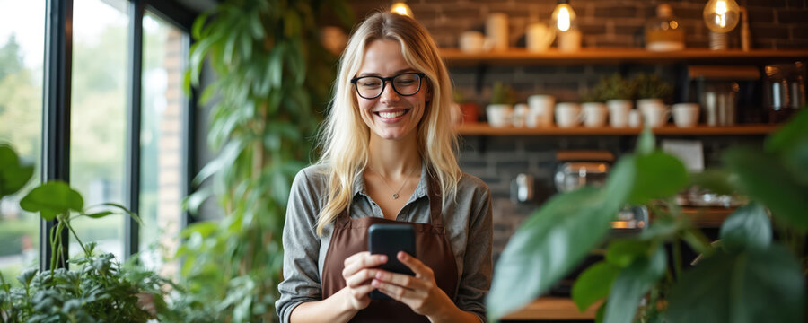 Young woman barista wears glasses and apron, smiles holding smartphone. Cafe interior features green plants, warm lighting, shelves with mugs, evoking a welcoming, modern small business vibe.