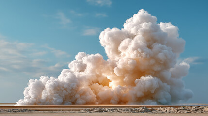Large white cloud of smoke billowing into the sky, creating a dramatic scene against a blue backdrop, showcasing the power of nature and atmospheric phenomena