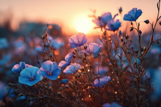 Blooming Blue Flax Field at Sunset: Cultivation of Linum for Linen and Oil Production
